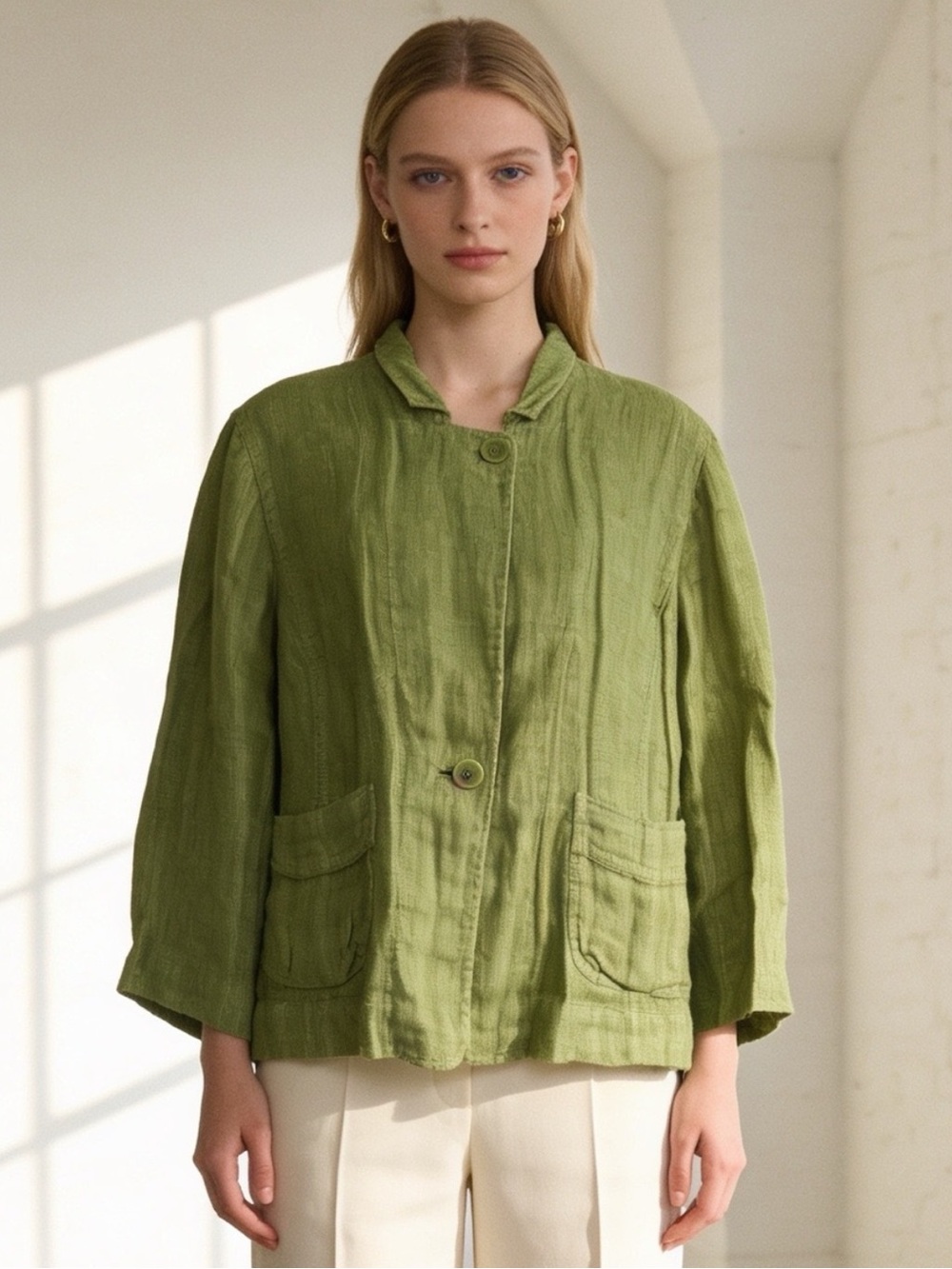 Eileen Fisher 100% Linen Boxy Jacket Green Button Front Large